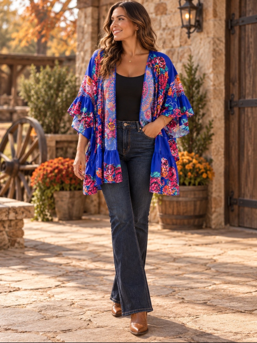Giddy Up Glamour NWT Blue Floral Ruffle Kimono Size S/M